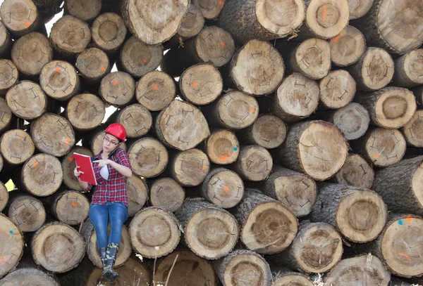 Donna ingegnere forestale accanto ai tronchi — Foto Stock