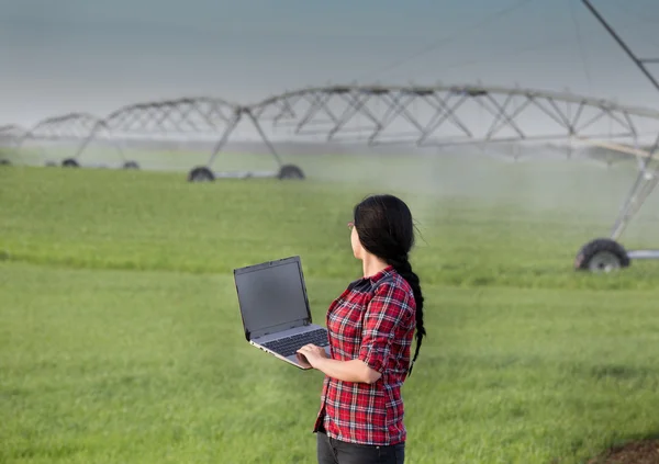 Çiftçi kız ile laptop önünde sahada sulama sistemi — Stok fotoğraf