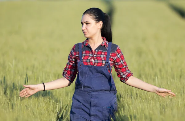 Happy farmer girl in wheat field — Stock Photo, Image