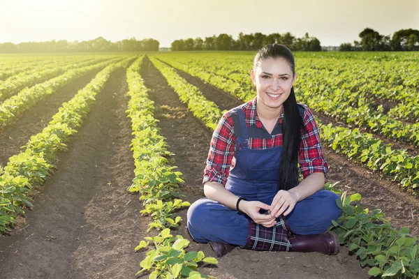 Farmer girl in soybean field — ストック写真
