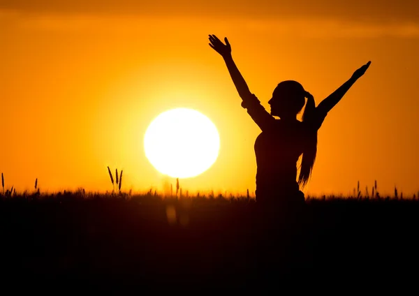 Silhouet van meisje met opgeheven handen bij zonsondergang — Stockfoto