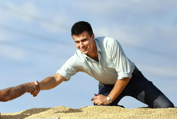 Businessman shaking hands with worker on soybean heap — Stock fotografie