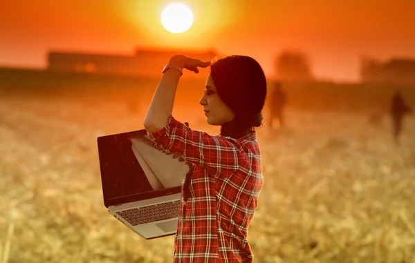Donna con laptop sul campo — Foto Stock