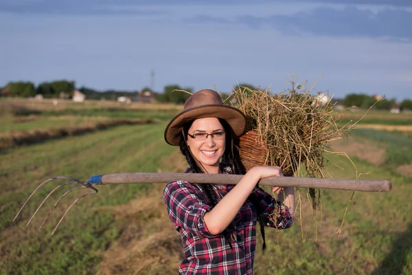 Jordbrukaren flicka med korg och tjuga — Stockfoto