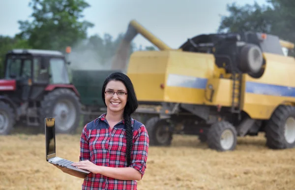 Famosa chica con portátil en el campo durante la cosecha —  Fotos de Stock