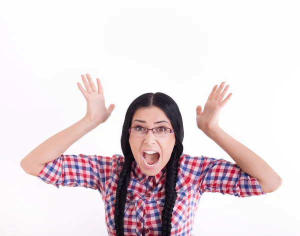 Frustrated woman shouting on white background — Stock Photo, Image