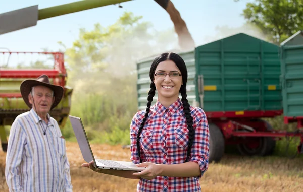 Vrouw met laptop op tarwe oogst — Stockfoto