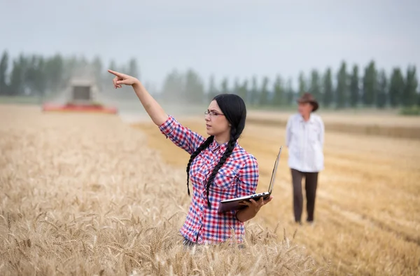 Chica agricultor con portátil en la cosecha — Foto de Stock