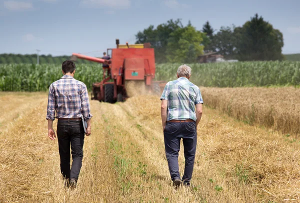 Agricultores no campo com combinam harbester — Fotografia de Stock