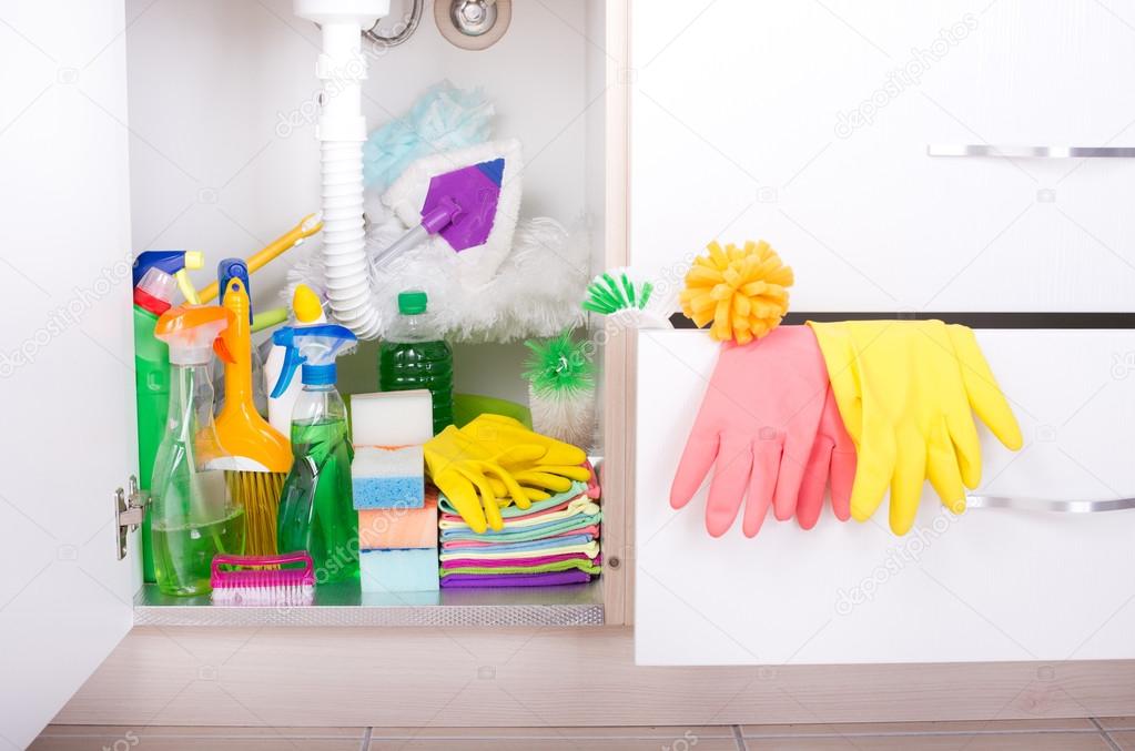 Cleaning supplies in pantry