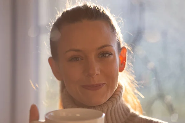 Portrait Pretty Girl Drinking Hot Coffee Window Sunrise — Stock Photo, Image