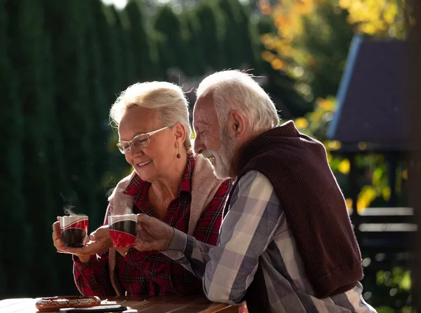 テーブル席の庭に座ってコーヒーを飲むロマンチックなシニアカップル — ストック写真