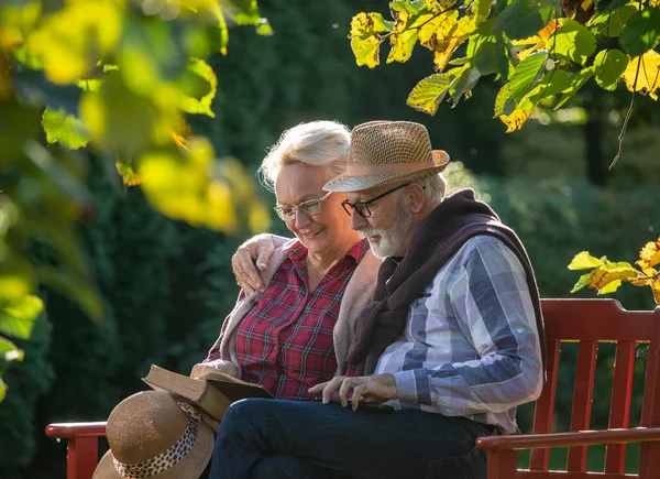 Pareja Mayor Sentada Banco Soleado Día Otoño Leyendo Libro Parque — Foto de Stock