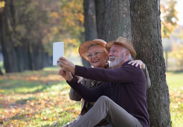 Senior Par Sitter Bredvid Trädet Och Använder Surfplatta För Videosamtal — Stockfoto