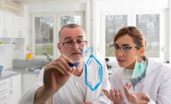 两名生物学家在实验室用玻璃写化学公式 — 图库照片