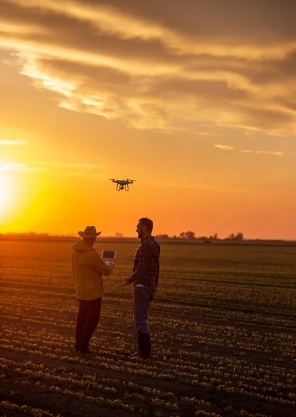 Zadowoleni Rolnicy Wykorzystujący Drony Nowoczesne Technologie Badania Ziemi Zachodzie Słońca — Zdjęcie stockowe
