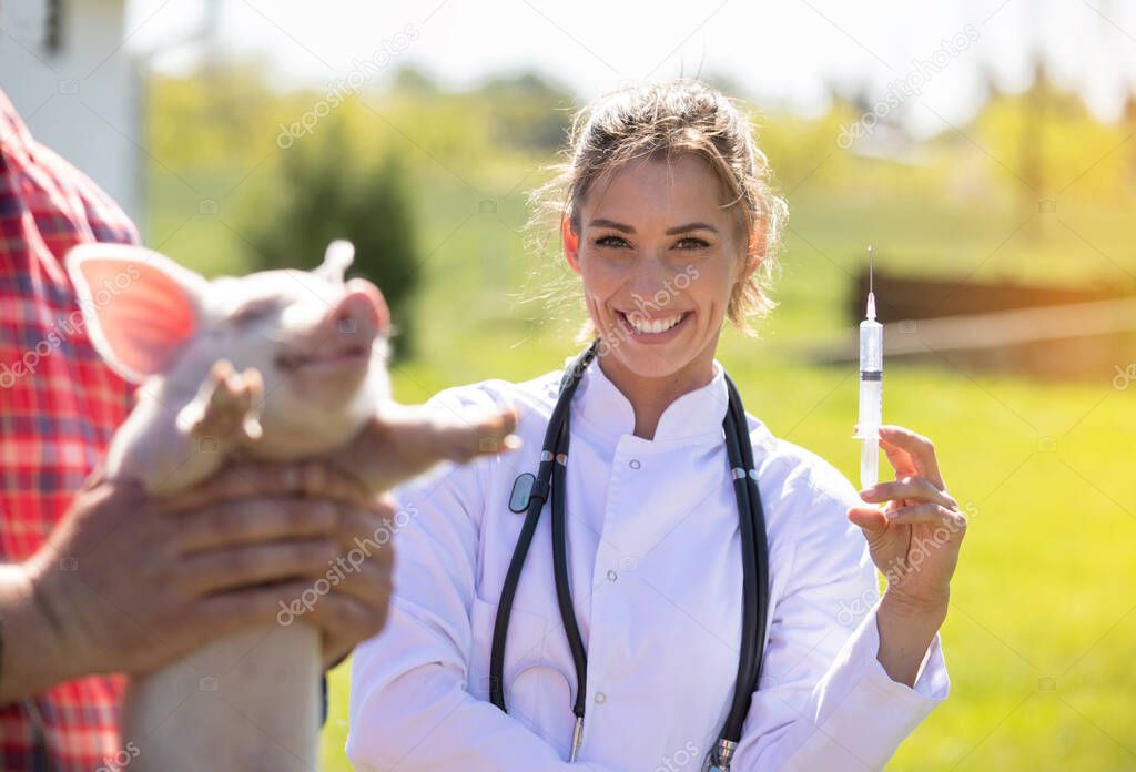 Smiling vet in focus on farm holding syringe. Woman wearing lab coat with stethoscope standing in background. Cute piglet held by farmer in front.