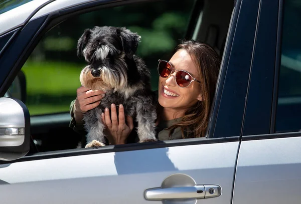 Mädchen Mit Sonnenbrille Sitzen Lächelnd Auto Junge Frau Und Hund — Stockfoto