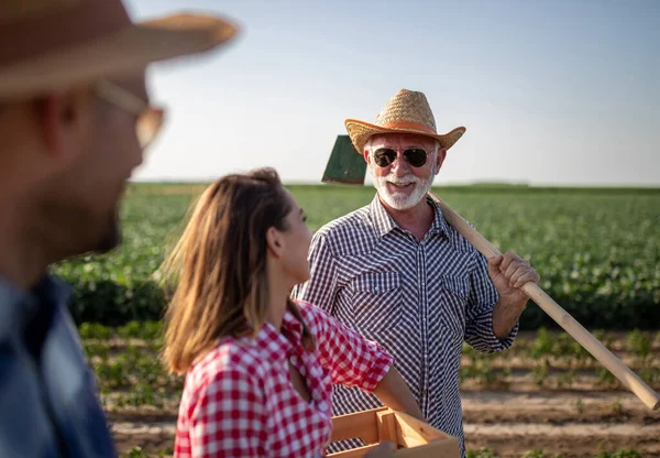 Jungbauer Vordergrund Mit Hut Und Sonnenbrille Ein Älterer Bauer Steht — Stockfoto