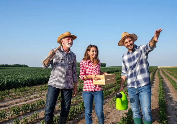 散水を保持する若い男性農家は手を上げて示すことができます 高齢農家保持園芸靴上の肩と若い女性を保持木製のクレートリスニング — ストック写真