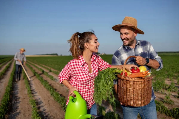 野菜の笑顔でいっぱいのバスケットを保持する若い男 散水と若い女性はトマトに触れて話すことができます バックグラウンドでフィールドに園芸靴を使用して老人 — ストック写真