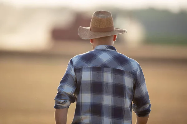 藁帽子をかぶってシャツを着た魅力的な若い農家 男性農学者に戻るカメラをフィールドに歩いている 収穫中に — ストック写真