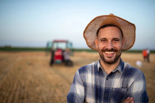 Portrait Satisfied Handsome Farmer Straw Hat Head Field Harvest Tractor — Stock Photo, Image