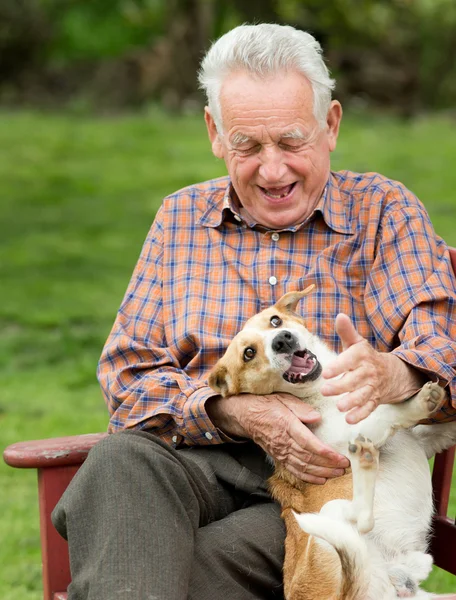Oude man spelen met hond — Stockfoto