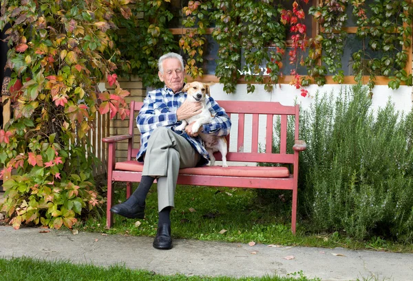 Старший мужчина с собакой — стоковое фото