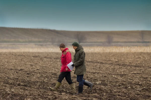 Farmers on plowed field — Stock Photo, Image