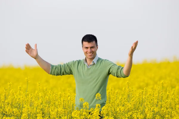 Man in rapeseed field — Stock Photo, Image