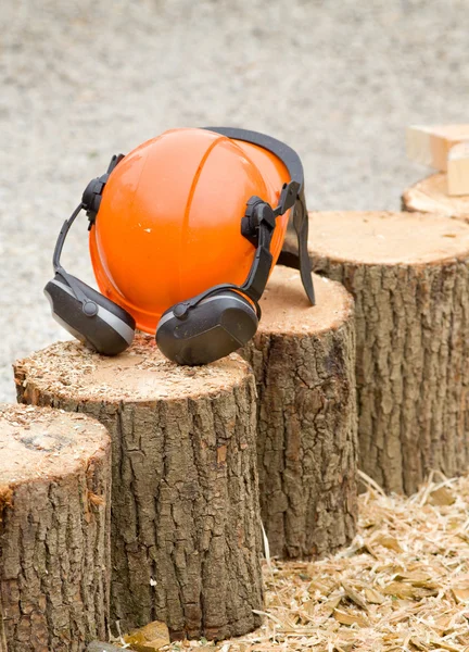 Casco su tronchi di legno — Foto Stock