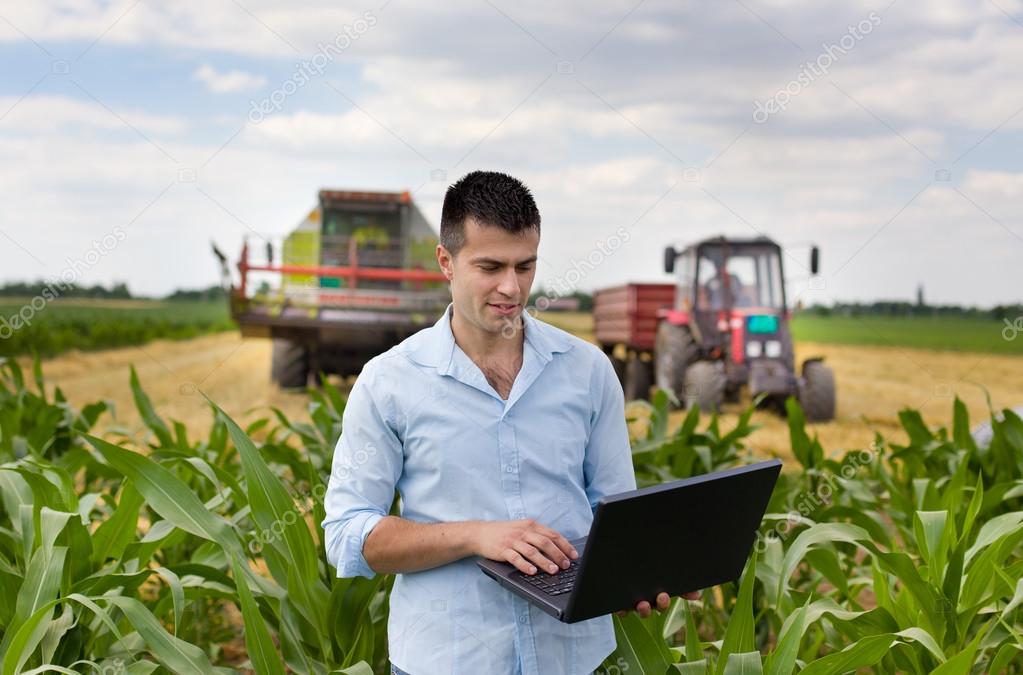 Farmer with laptop during harvest