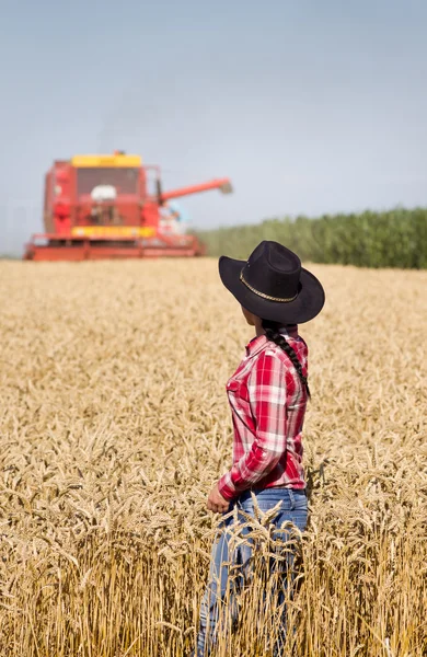 Mujer joven en el campo de trigo durante la cosecha — Foto de Stock