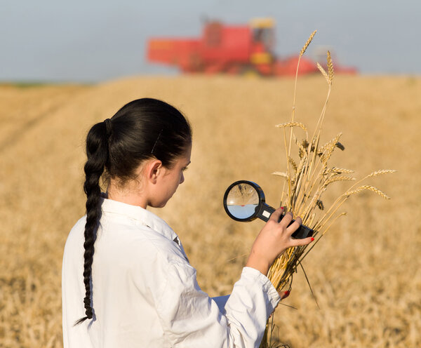 Woman agronomist with magnifer in field