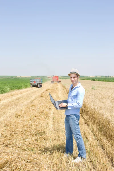 Man med laptop på jordbruksmark — Stockfoto