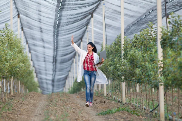 Mujer agrónoma en huerto — Foto de Stock