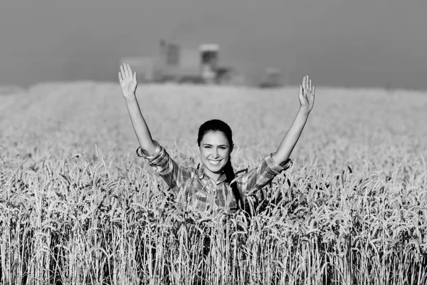 Uśmiechnięte dziewczyny w polu pszenicy — Zdjęcie stockowe
