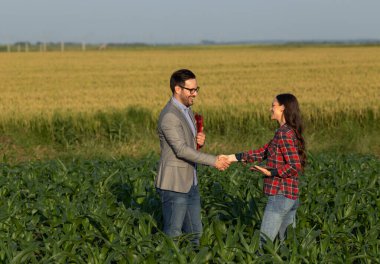 Çiftçi kadın ve işadamı yaz boyunca yeşil mısır tarlasında el sıkışıyor ve iş anlaşması yapıyorlar.