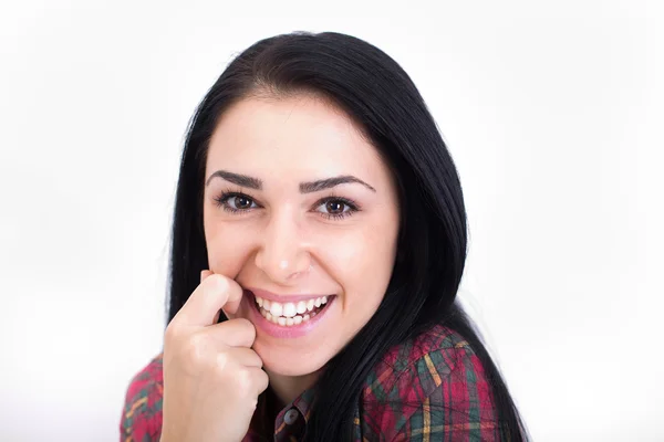 Menina sorridente no fundo branco — Fotografia de Stock