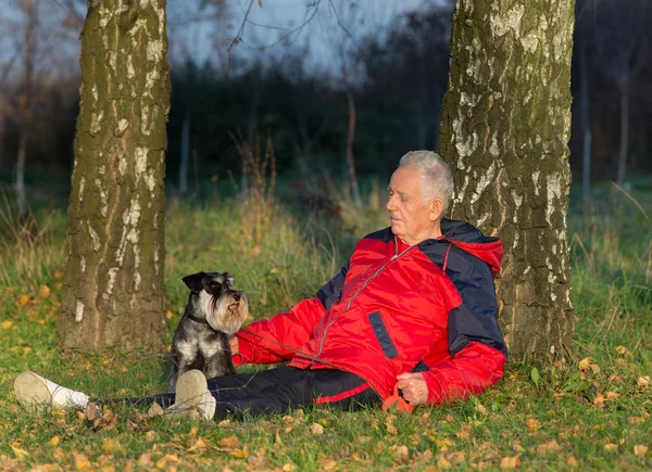 Hombre mayor con perro sentado en el bosque — Foto de Stock