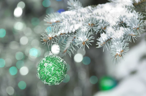 Weihnachtsschmuckkugel hängt an Tannenzweig — Stockfoto