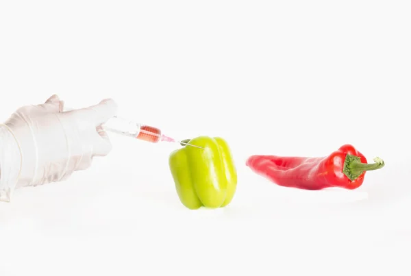 Scientist applying injection to pepper — Stock Photo, Image