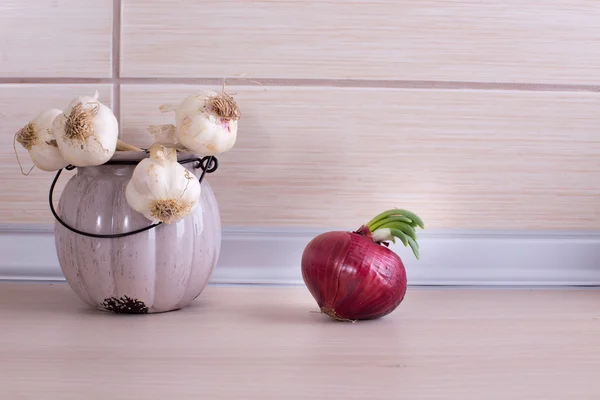 Garlic and onion on countertop — Stock Photo, Image