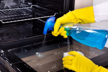 Woman cleaning oven clipart