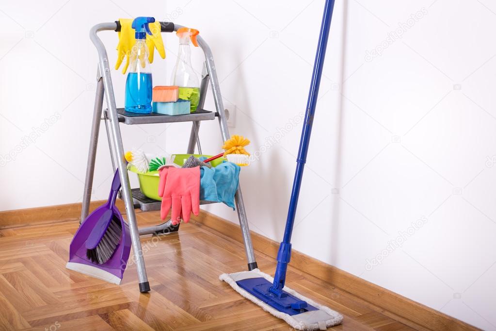 Cleaning equipment and supplies in the room