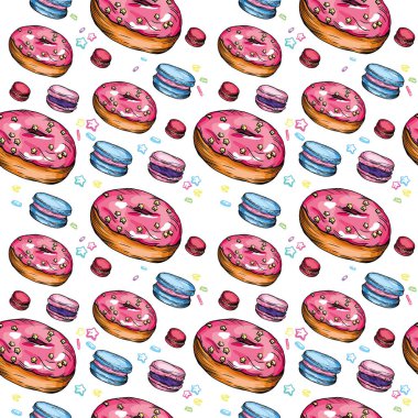 Renkli çöreklerle kusursuz vektör izi. Paket kağıdı, baskı, kapaklar ve broşürler için parlak, renkli desen. Çörekler ve kurabiyeler..