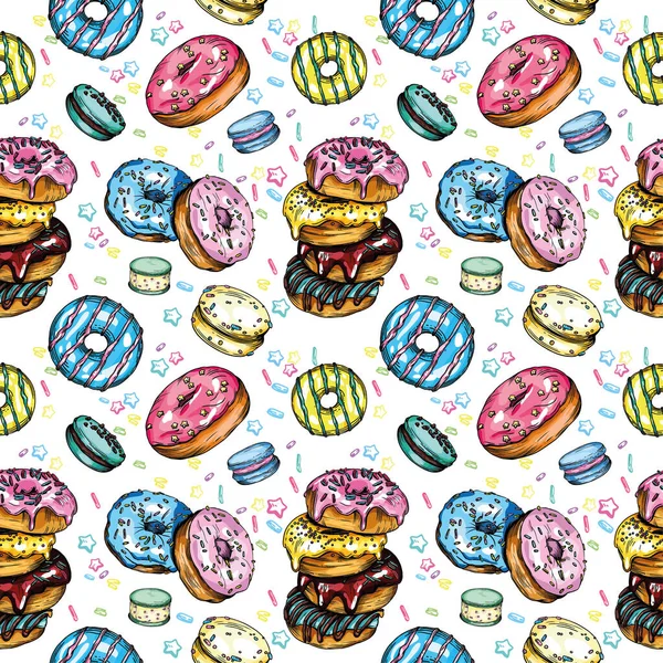 Impressão Vetorial Sem Costura Com Donuts Coloridos Padrão Brilhante Colorido — Vetor de Stock