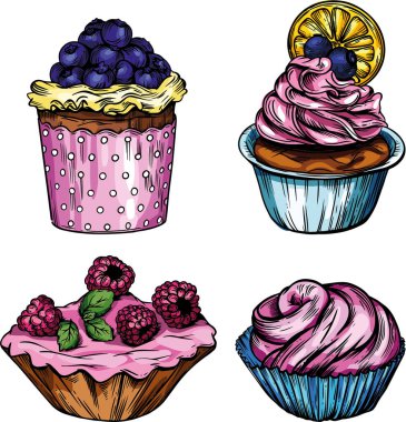 Vektör çizimi. Tatlı pastalar, lezzetli pastalar, parlak renkler ve sulu detaylar. Kekler, kekler, tatlılar, krema, böğürtlen ve süsleme.
