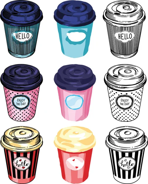 Illustration Vectorielle Café Tasses Café Différents Modèles Des Images Lumineuses — Image vectorielle